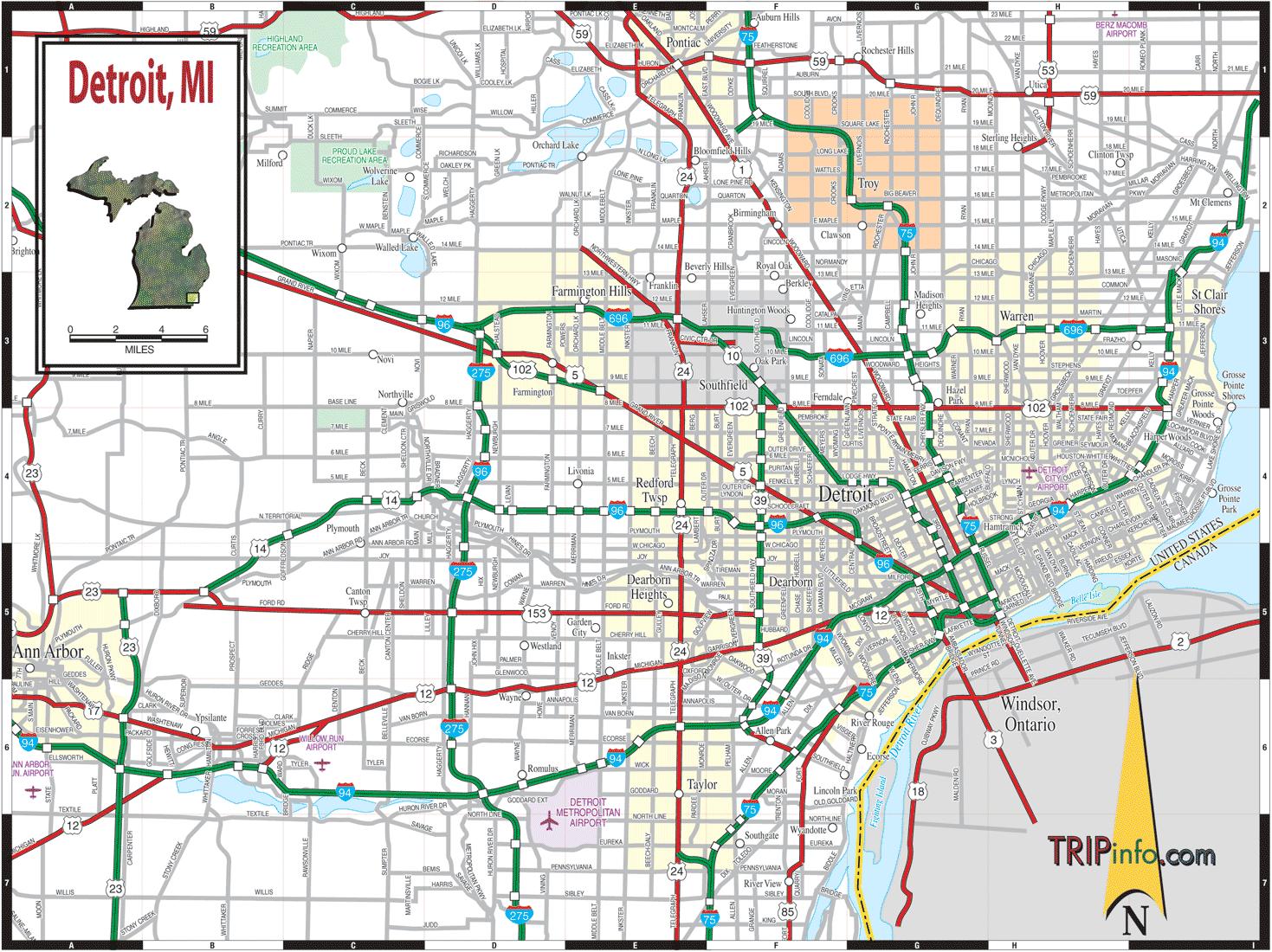 Map of Detroit street: streets, roads and highways of Detroit